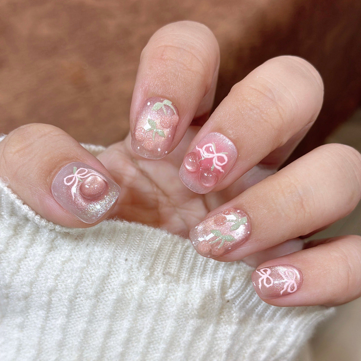 Sweet Cherry - Handcrafted Ice Pink Cat-Eye & 3D Cherry Bow Press-On Nails