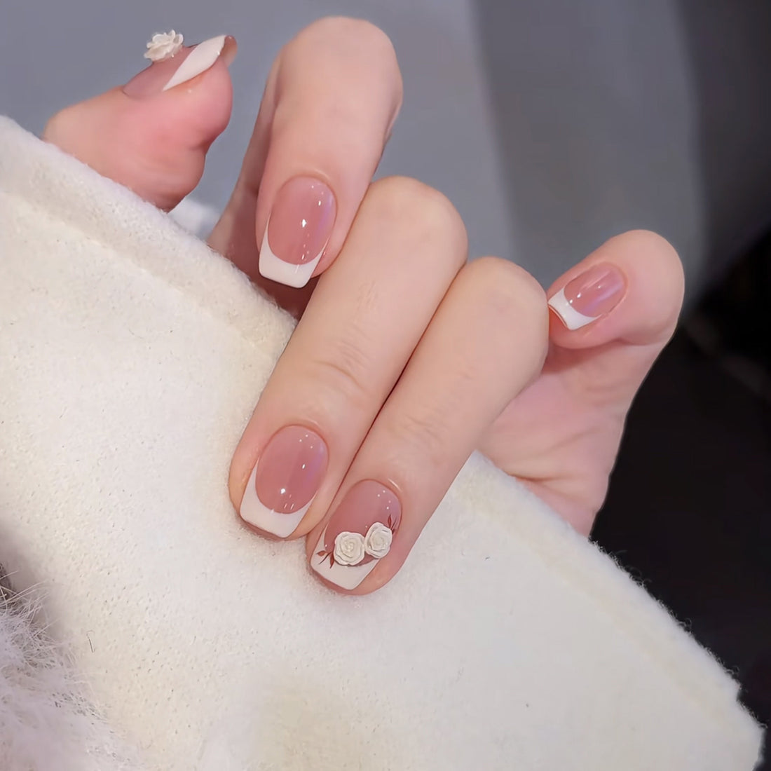 Bridal Rose French - Handcrafted 3D Pearl Rose & Classic White French Press-On Nails