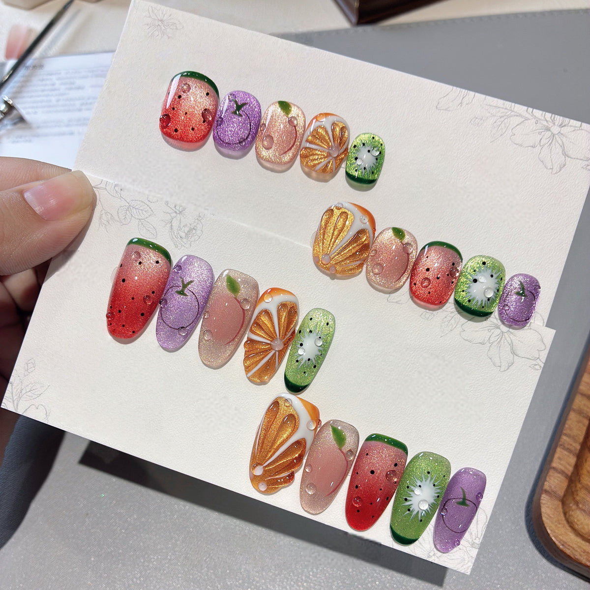 Juicy Summer Fruit - Handcrafted Multi-Color Cat-Eye & 3D Fruit Press-On Nails