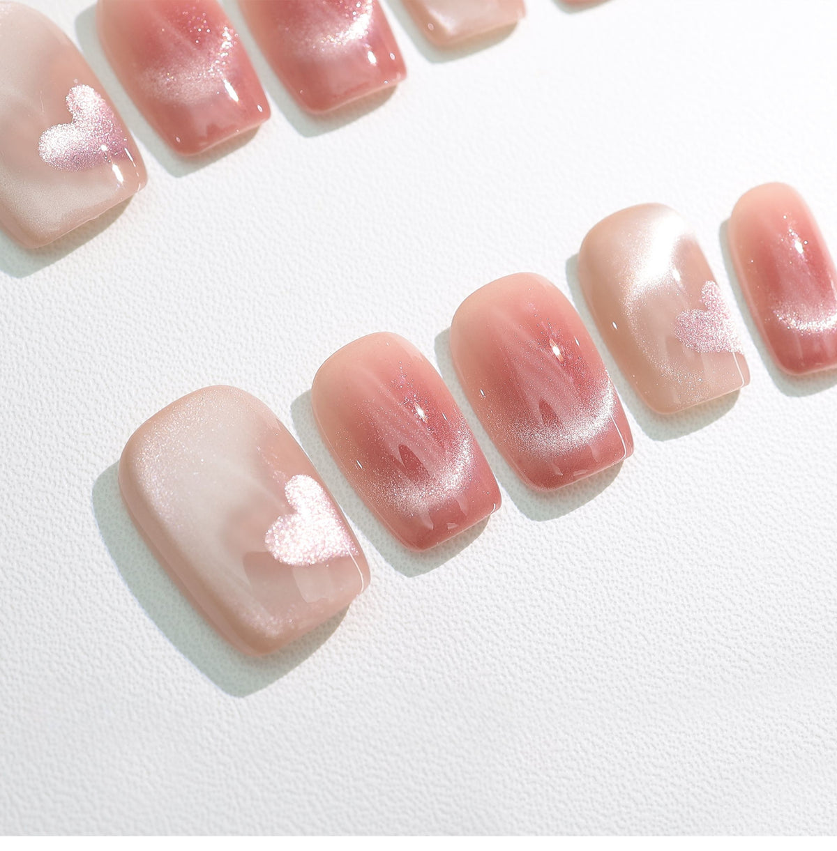Pink Velvet Heart - Handcrafted Ice Pink Cat-Eye & 3D Magnetic Heart Press-On Nails