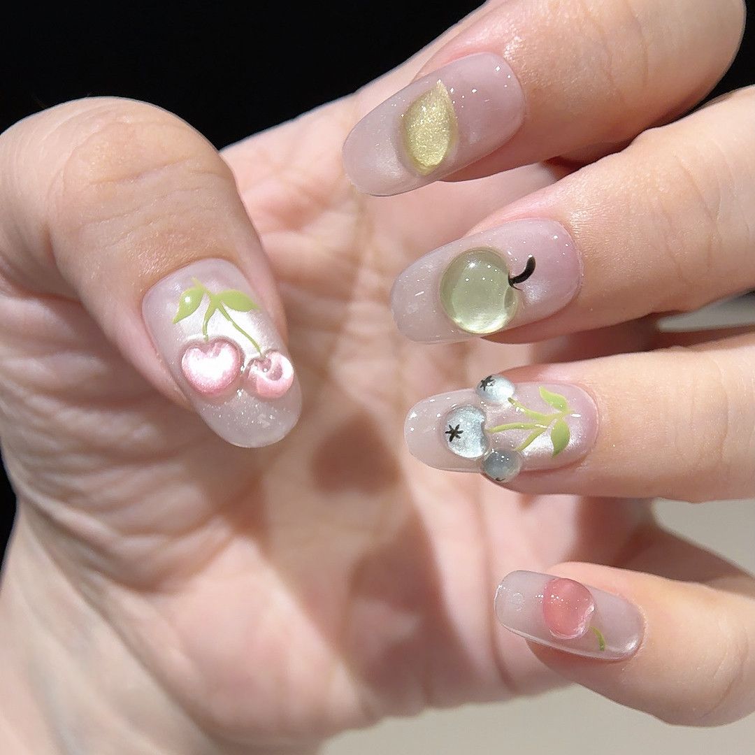 Orchard Fruit - Handcrafted Ice Pink Cat-Eye & 3D Jelly Fruit Press-On Nails