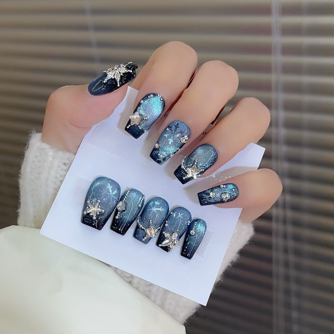Icy Snowflake - Handcrafted Night Blue Cat-Eye & 3D Crystal Star Press-On Nails