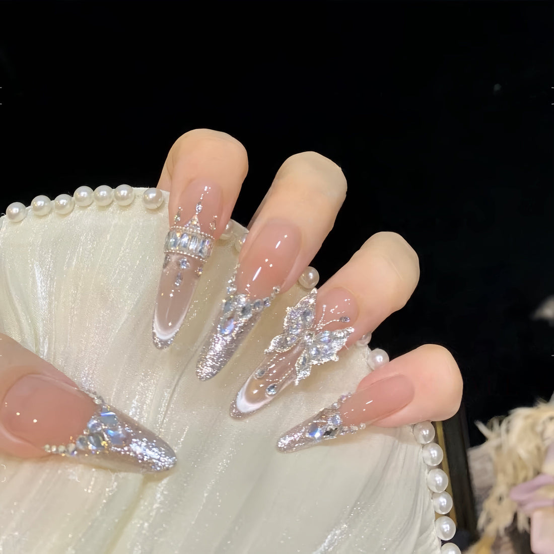 Crystal Butterfly Crown - Handcrafted 3D Crystal Butterfly & Jeweled Crown Press-On Nails