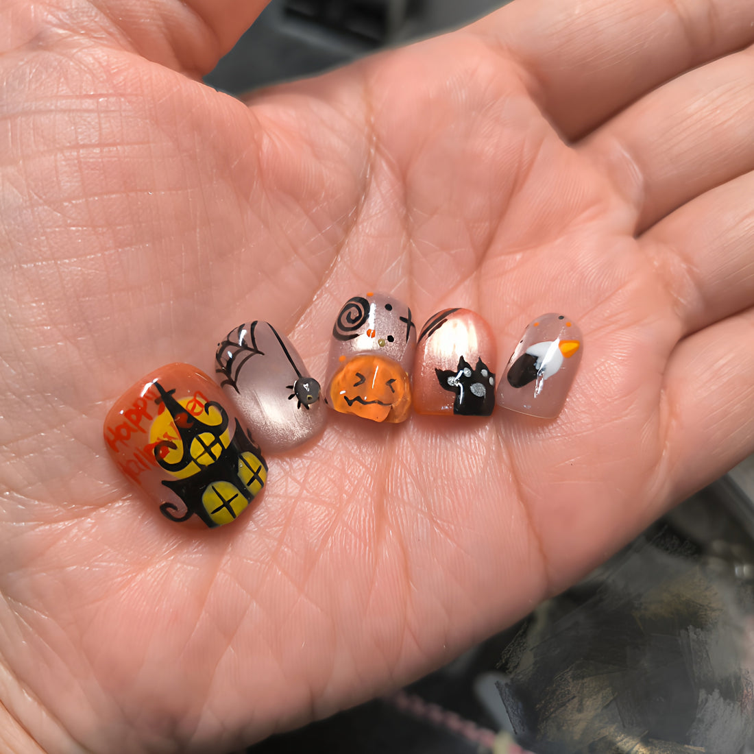 Kawaii Spooky Cat - Handcrafted 3D Pumpkin & Black Cat Halloween Press-On Nails