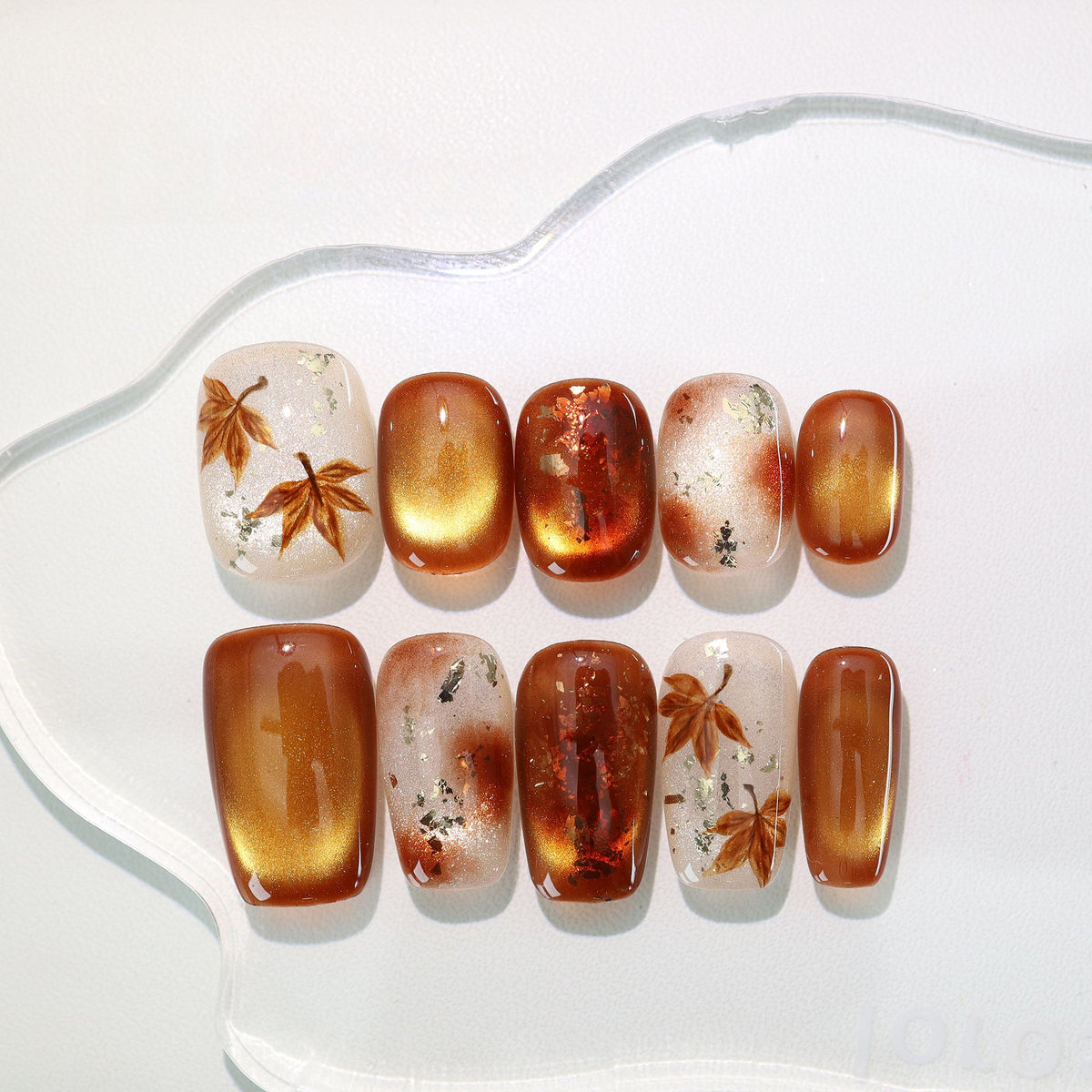 Autumn Maple Leaf - Handcrafted Amber Cat-Eye & Maple Leaf Press-On Nails