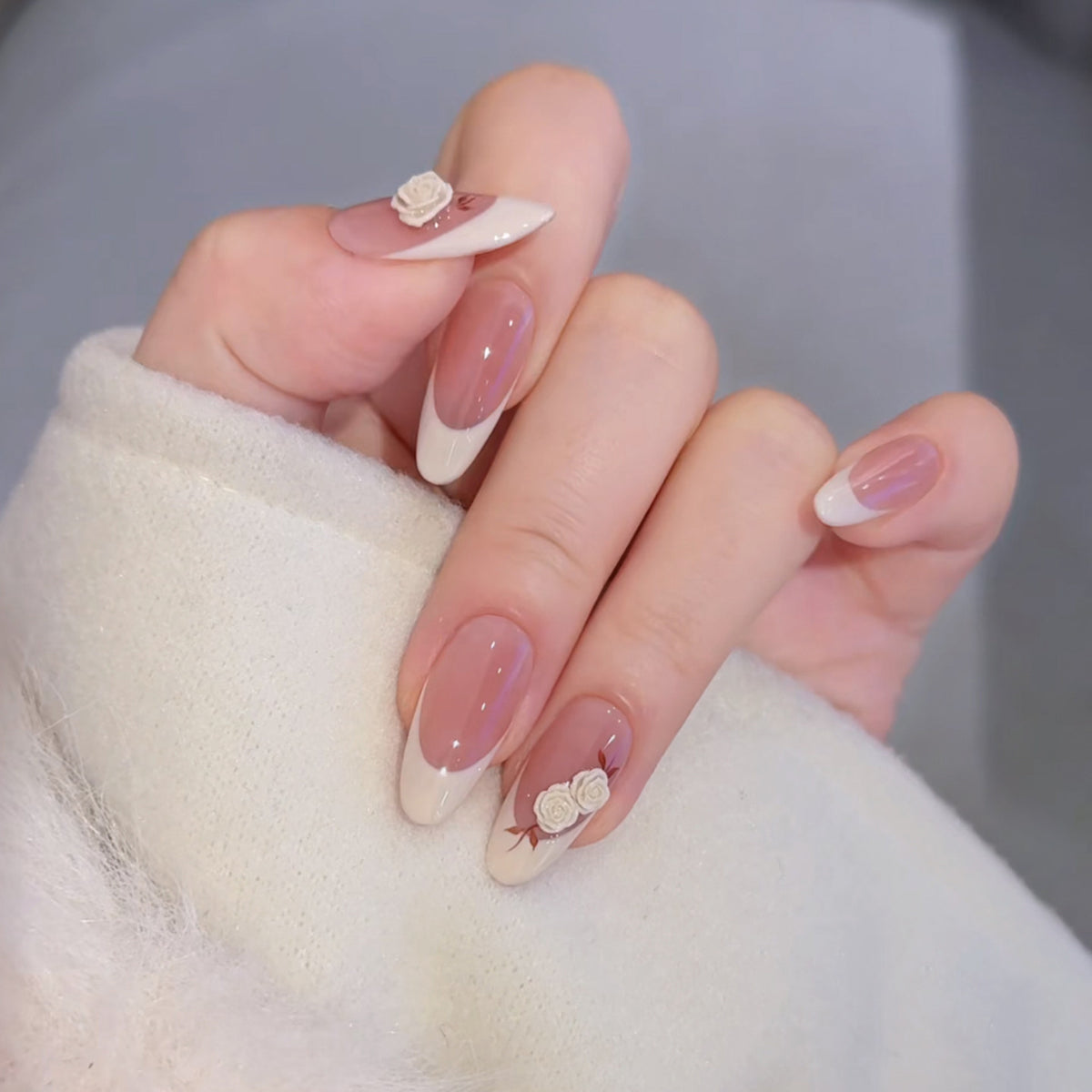 Bridal Rose French - Handcrafted 3D Pearl Rose & Classic White French Press-On Nails