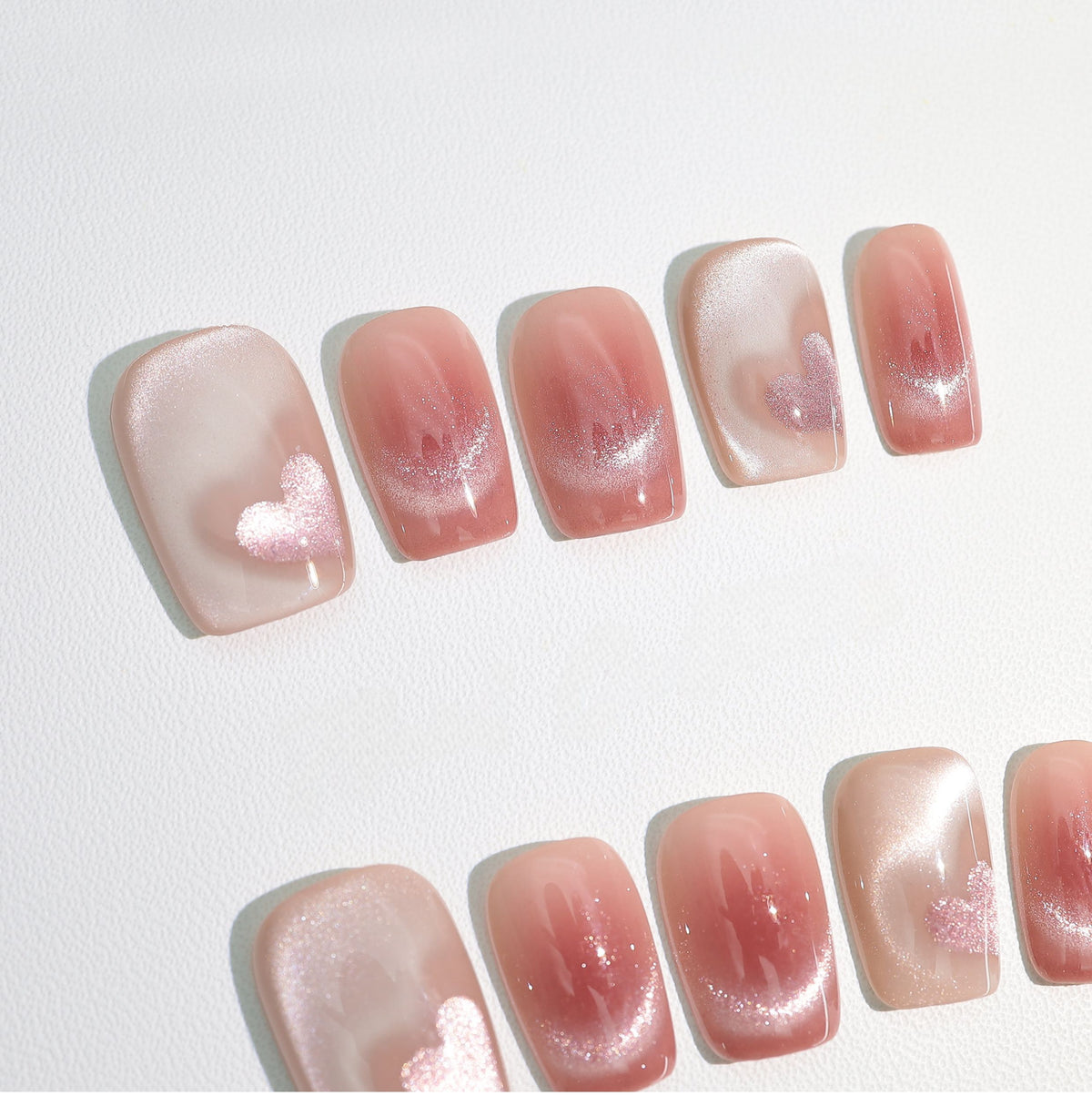 Pink Velvet Heart - Handcrafted Ice Pink Cat-Eye & 3D Magnetic Heart Press-On Nails