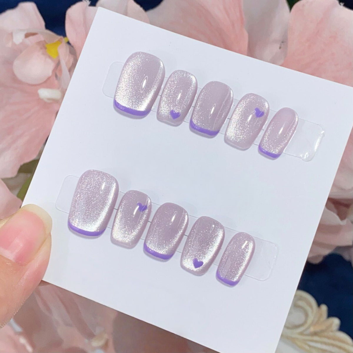 Lavender Dream French - Handcrafted Lilac Cat-Eye & Purple Heart Press-On Nails