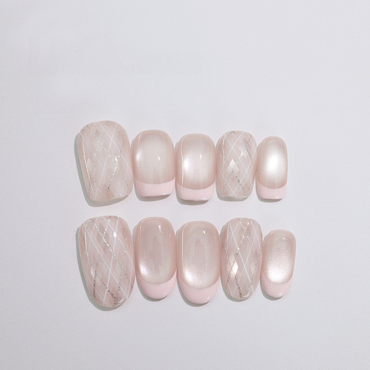Pink Argile French - Handcrafted Pearl Cat-Eye & Blush French Plaid Press-On Nails