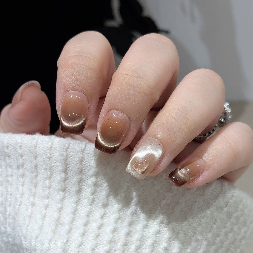 Mocha Velvet Heart - Handcrafted Amber Coffee Cat-Eye & 3D Magnetic Heart Press-On Nails