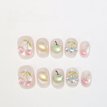 Orchard Fruit - Handcrafted Ice Pink Cat-Eye & 3D Jelly Fruit Press-On Nails