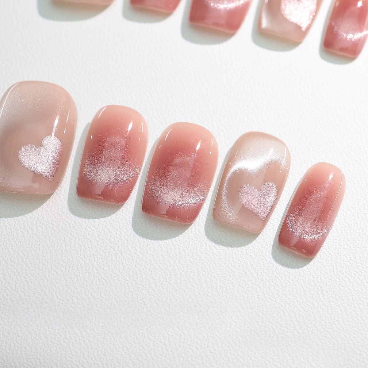 Pink Velvet Heart - Handcrafted Ice Pink Cat-Eye & 3D Magnetic Heart Press-On Nails