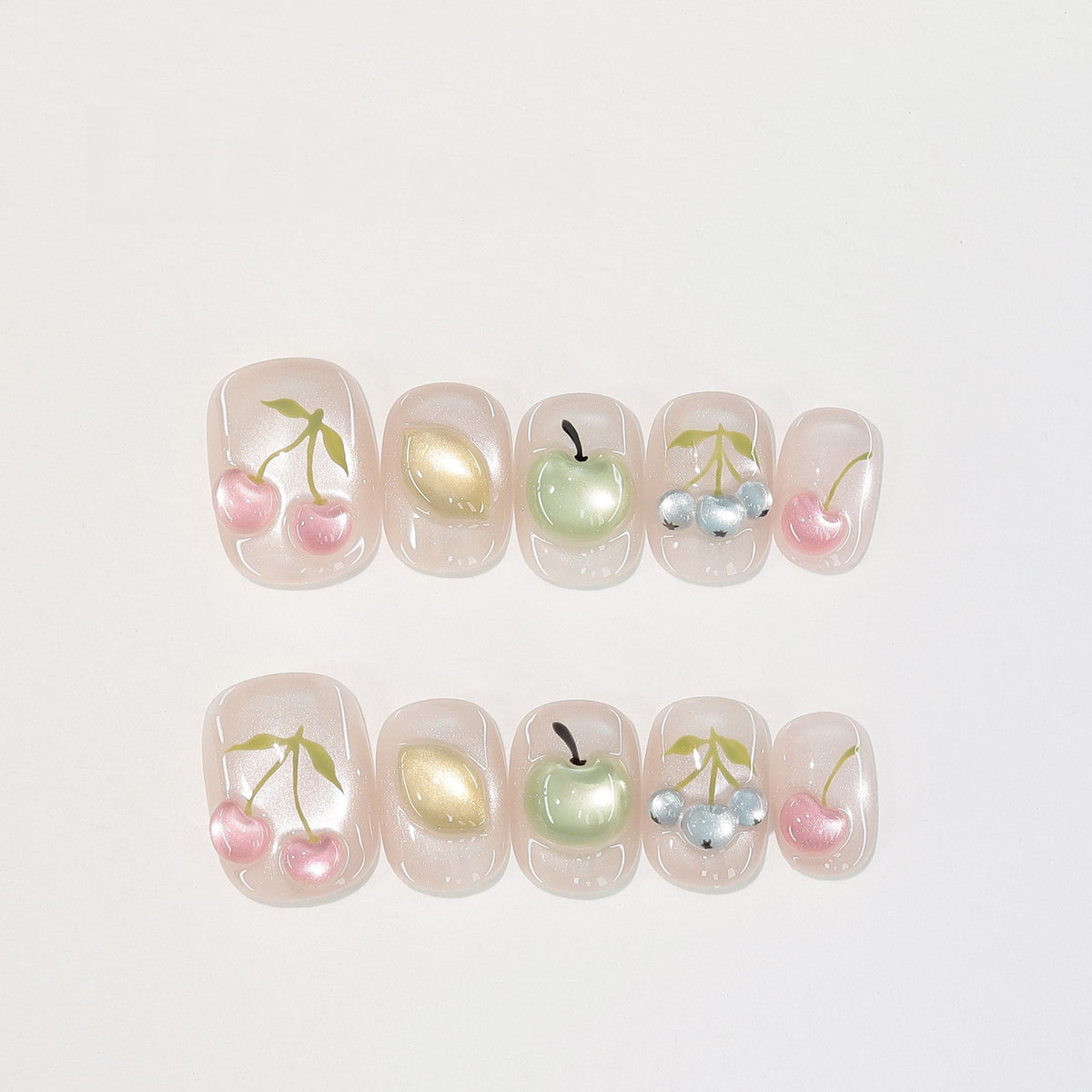 Orchard Fruit - Handcrafted Ice Pink Cat-Eye & 3D Jelly Fruit Press-On Nails