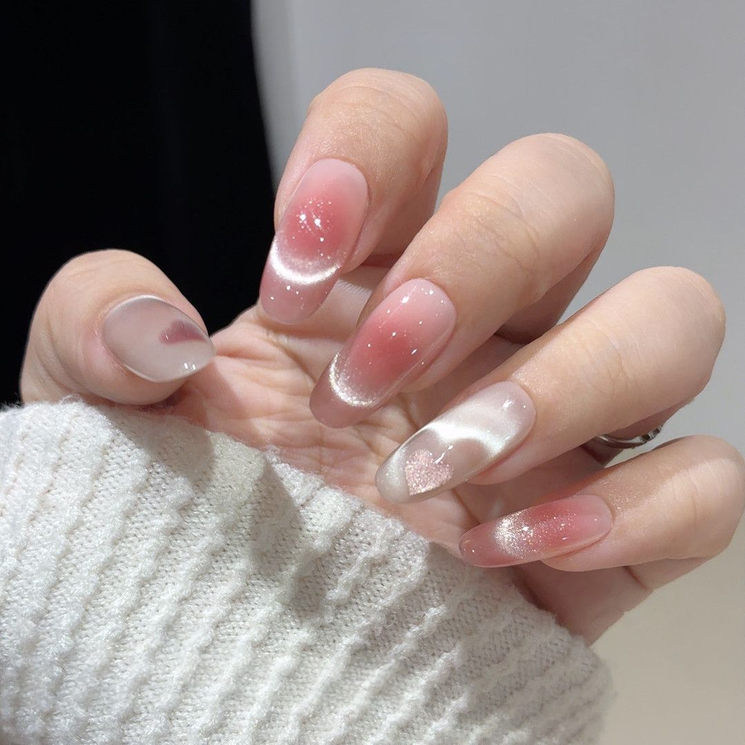Pink Velvet Heart - Handcrafted Ice Pink Cat-Eye & 3D Magnetic Heart Press-On Nails