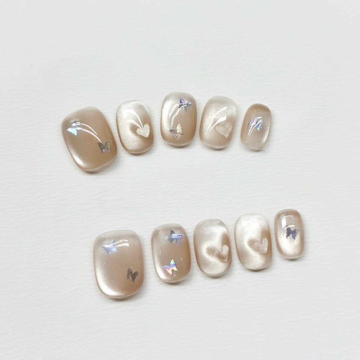Holographic Butterfly Hearts - Handcrafted Iridescent Butterfly & Heart Cat-Eye Press-On Nails