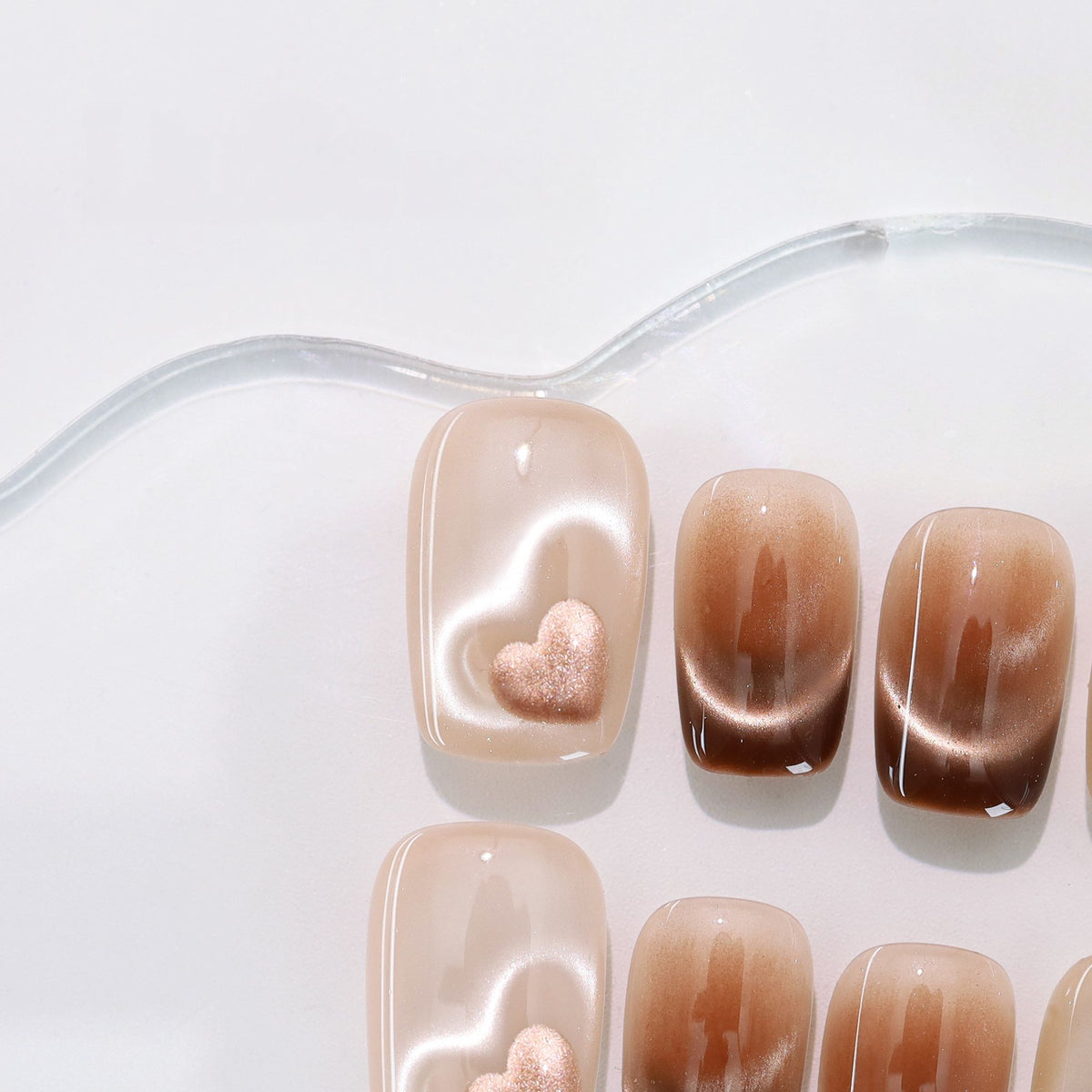Mocha Velvet Heart - Handcrafted Amber Coffee Cat-Eye & 3D Magnetic Heart Press-On Nails