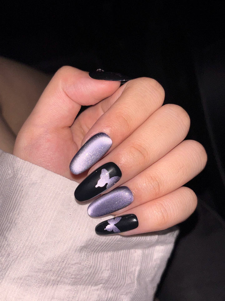 Gothic Butterfly - Handcrafted Purple Galaxy Cat-Eye & 3D Star Press-On Nails
