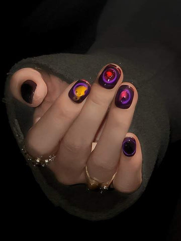 Dark Purple Aura Ghost - Handcrafted Glowing Aura Swirl & Red Heart Press-On Nails
