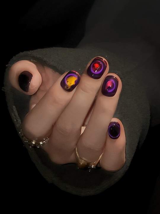 Dark Purple Aura Ghost - Handcrafted Glowing Aura Swirl & Red Heart Press-On Nails