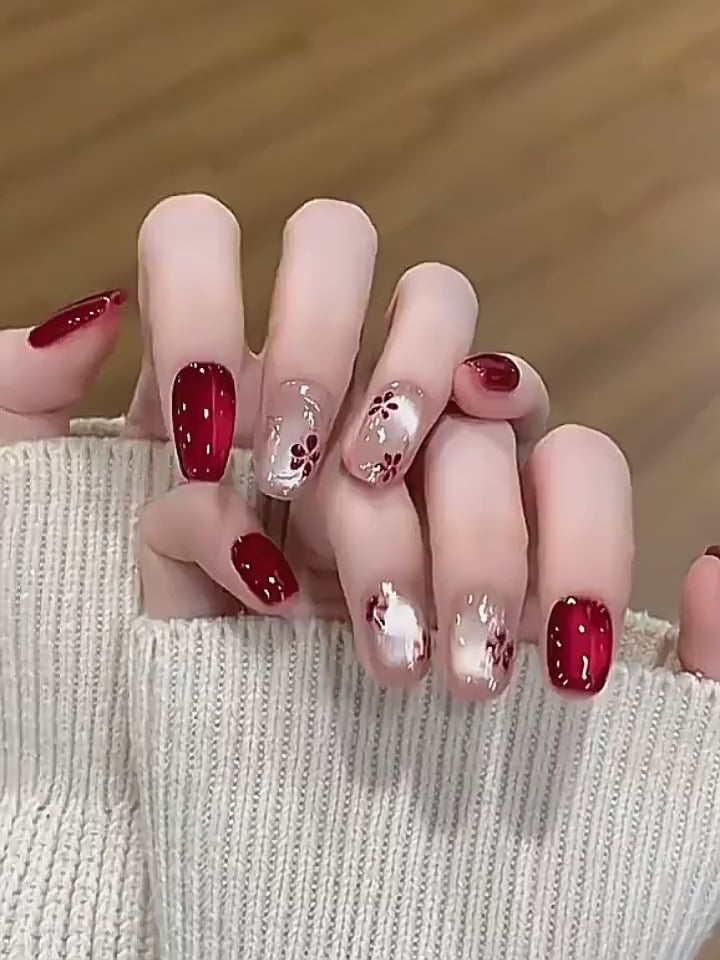 Imperial Blossom - Handcrafted Crimson Cat-Eye & Gold Relief Press-On Nails