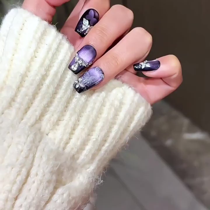 Gothic Crystal Butterfly - Handcrafted Purple Galaxy Cat-Eye & 3D Gem Press-On Nails