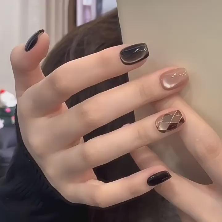 Mocha Argile Glow - Handcrafted Espresso Cat-Eye & Coffee Argile Plaid Press-On Nails