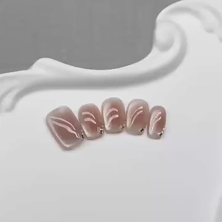 Nude Aura - Handcrafted Sheer Blush Cat-Eye & Rhinestone Press-On Nails