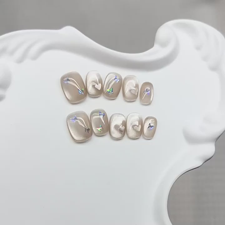 Holographic Butterfly Hearts - Handcrafted Iridescent Butterfly & Heart Cat-Eye Press-On Nails