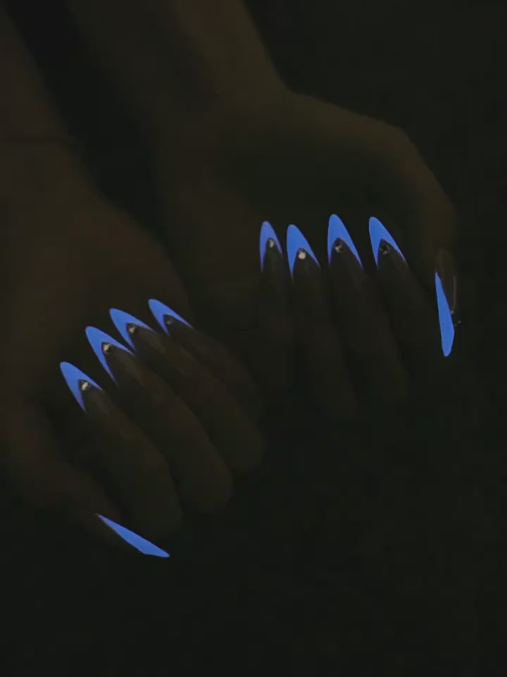 Glow-in-the-Dark Ice Blue French - Handcrafted Night Glow & Rhinestone Long Almond Press-On Nails