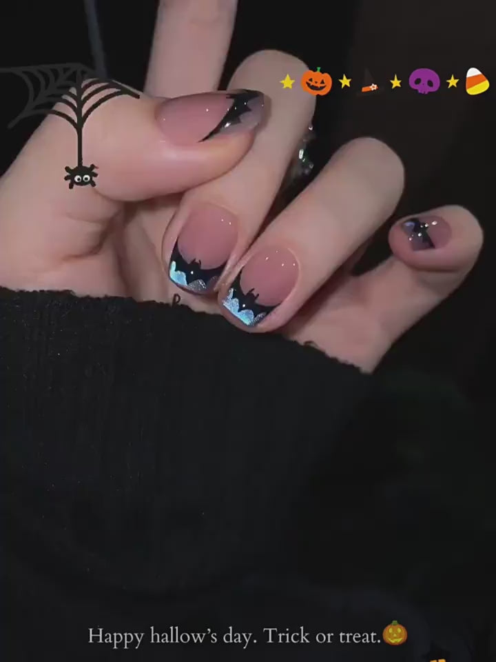 Gothic Bat Cat-Eye French - Handcrafted Bat Silhouette & Blue Cat-Eye Press-On Nails