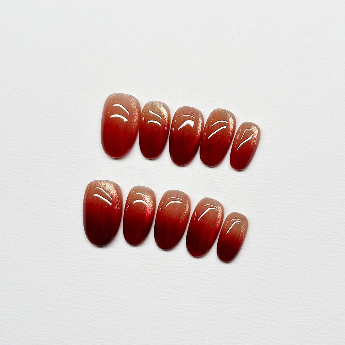 Crimson Ombré Cat-Eye - Handcrafted Wine Red Gradient Press-On Nails