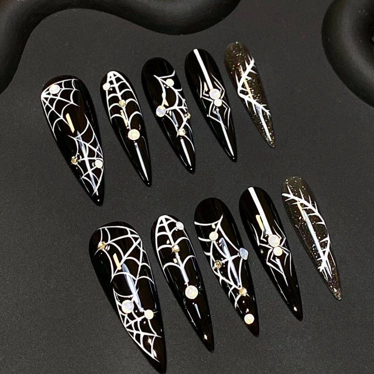 Gothic Spiderweb - Handcrafted Black & White Spiderweb Stiletto Press-On Nails with Rhinestone Accents
