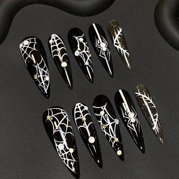 Gothic Spiderweb - Handcrafted Black & White Spiderweb Stiletto Press-On Nails with Rhinestone Accents