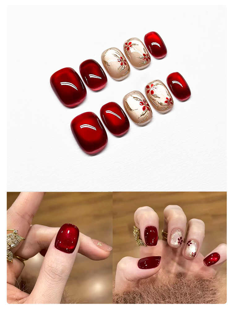 Imperial Blossom - Handcrafted Crimson Cat-Eye & Gold Relief Press-On Nails