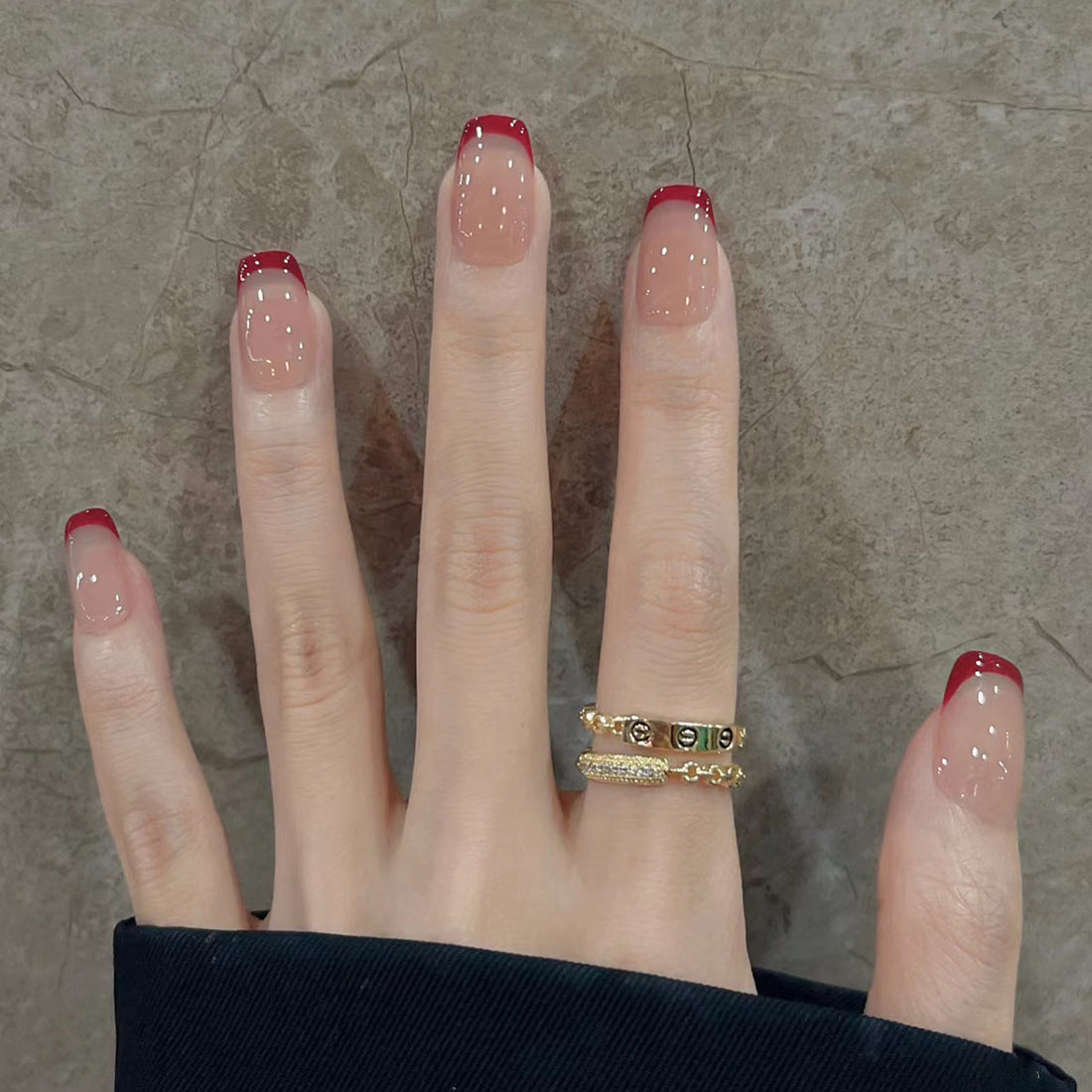 Cherry Mocha French - Handcrafted Wine Red Tip Press-On Nails