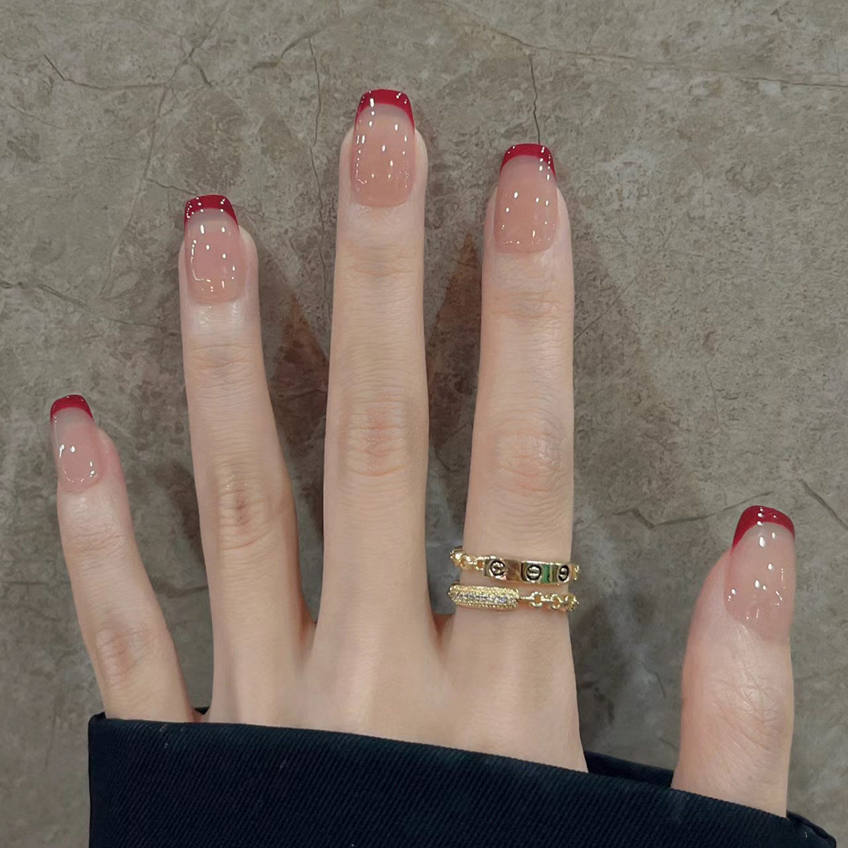 Cherry Mocha French - Handcrafted Wine Red Tip Press-On Nails
