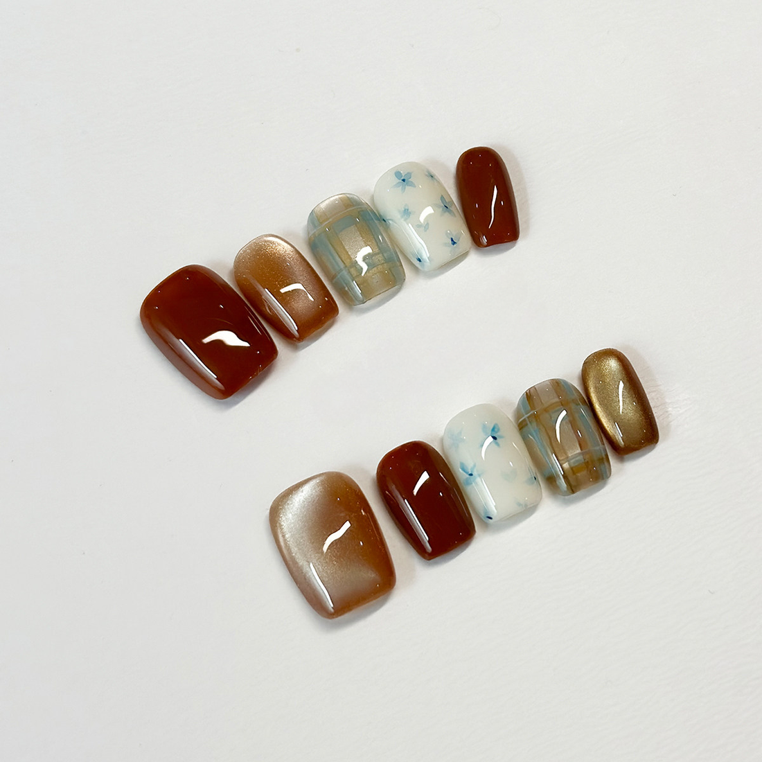 Vintage Plaid & Daisy - Handcrafted Caramel Cat-Eye & Floral Press-On Nails