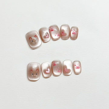 Velvet Whiskers - Handcrafted Cute Cat & Glitter Heart Cat-Eye Press-On Nails
