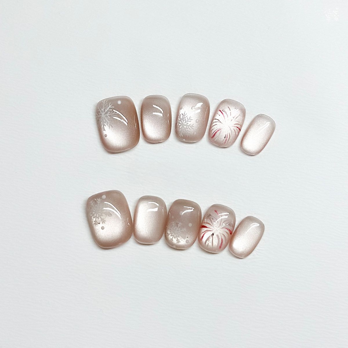 Frosty Sparkle - Handcrafted Winter Snowflake & Firework Cat-Eye Press-On Nails