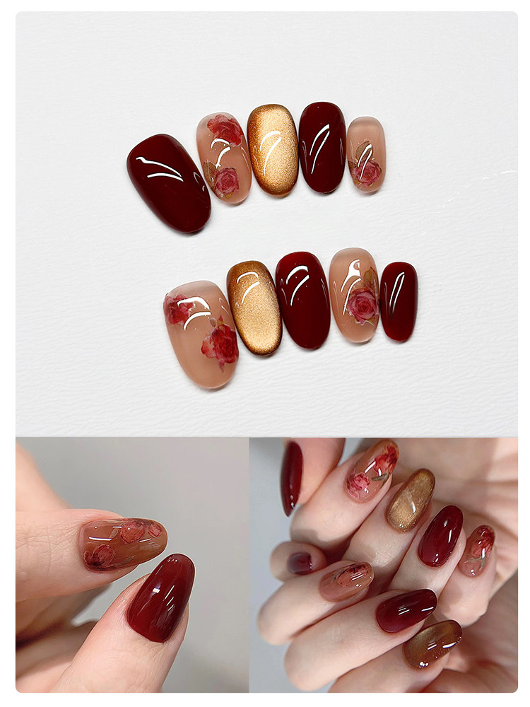 Vintage Rose - Handcrafted Dark Wine Cat-Eye & Oil Painting Floral Press-On Nails
