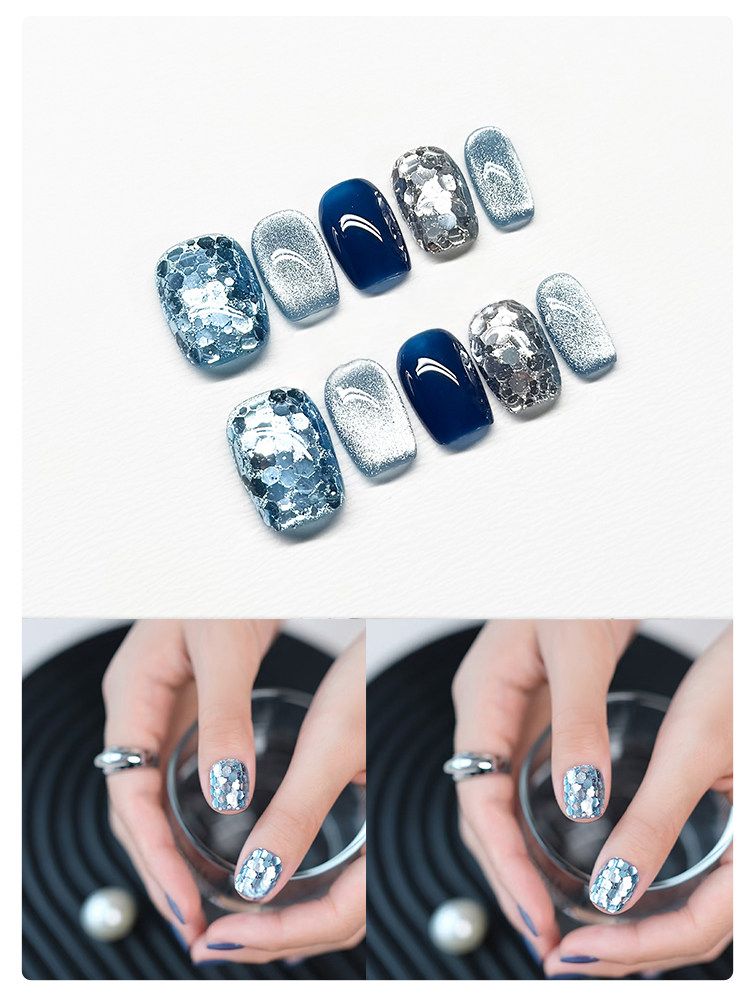 Ocean Glacier Sequins - Handcrafted Ice Blue Chunky Glitter & Deep Midnight Blue Press-On Nails