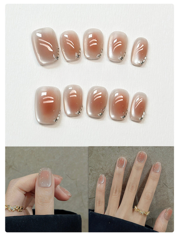 Nude Aura - Handcrafted Sheer Blush Cat-Eye & Rhinestone Press-On Nails