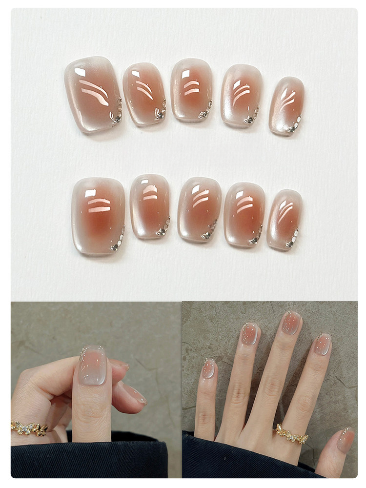 Nude Aura - Handcrafted Sheer Blush Cat-Eye & Rhinestone Press-On Nails