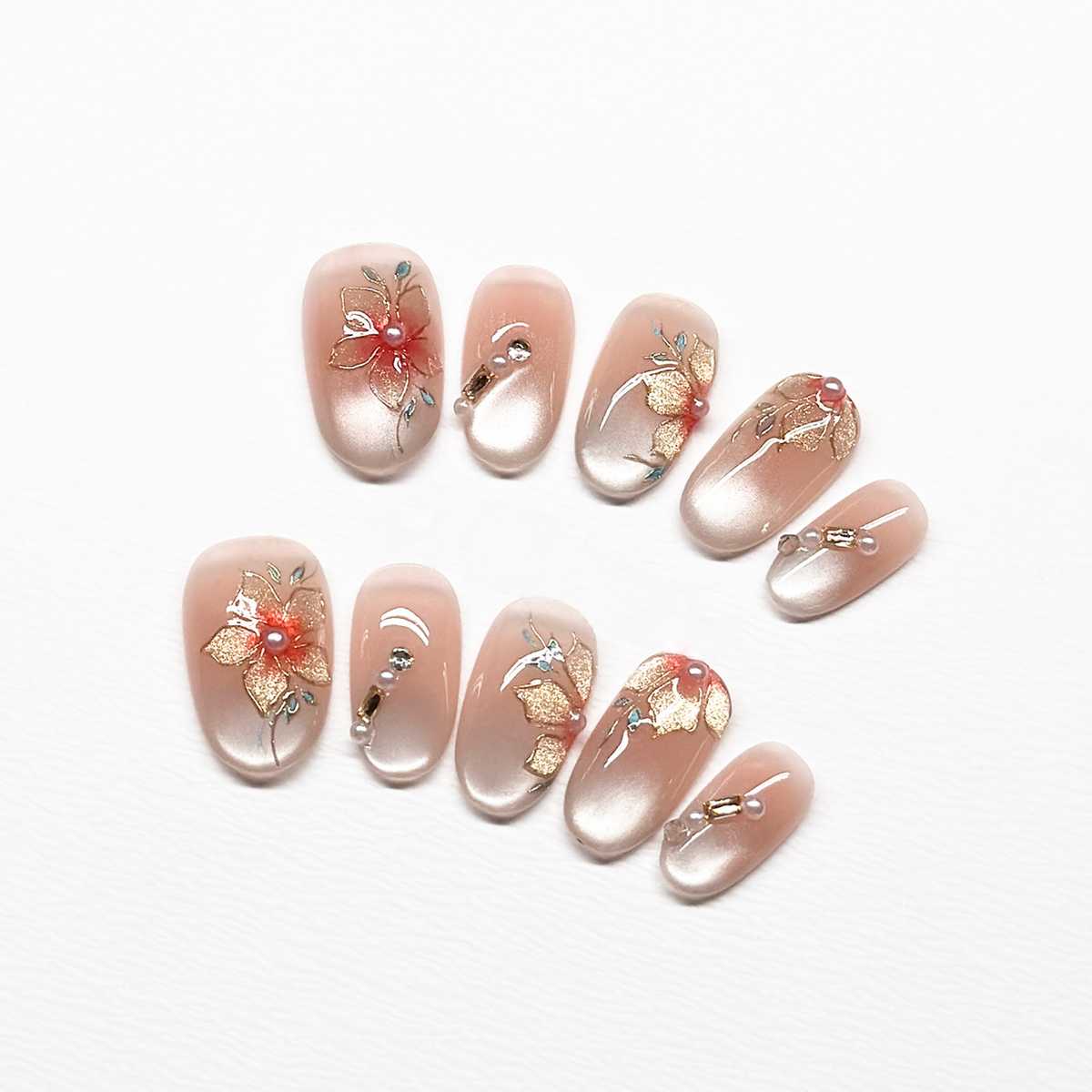 Imperial Rose - Handcrafted Champagne Cat-Eye & Gold Leaf Floral Press-On Nails