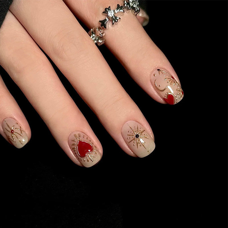 Baroque Red Heart - Handcrafted Gold Relief & Crimson Heart Press-On Nails