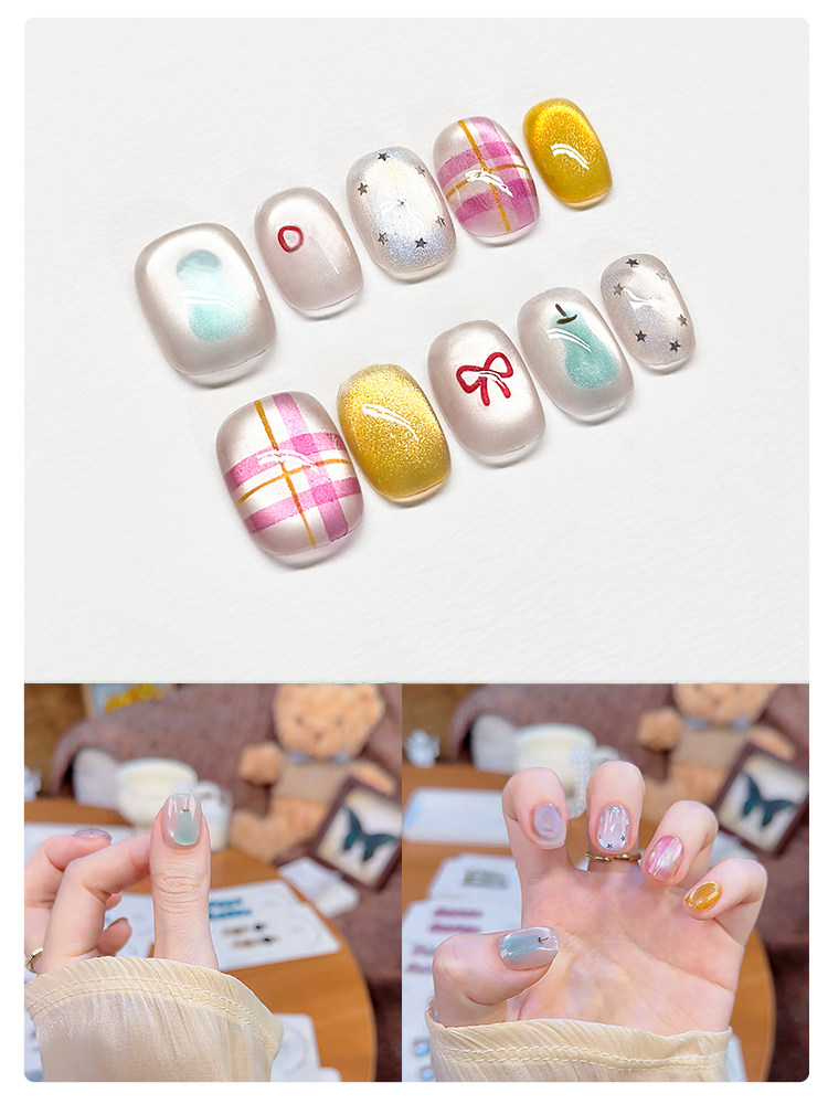 Doodle Bows & Gingham - Handcrafted Y2K Celestial & Cat-Eye Press-On Nails
