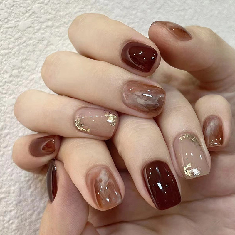 Amber Marble - Handcrafted Tortoiseshell & Gold Leaf Press-On Nails