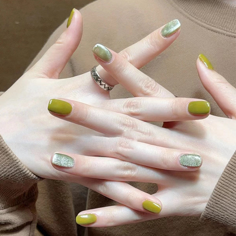 Matcha Velvet - Handcrafted Avocado Green & Silver Cat-Eye Press-On Nails