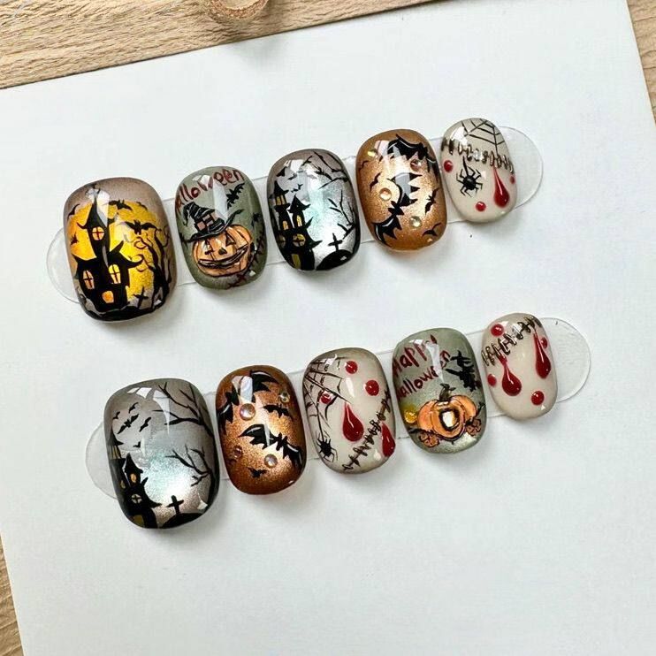 Vintage Halloween Storybook - Handcrafted Haunted House, Pumpkin & Bloody Stitch Press-On Nails