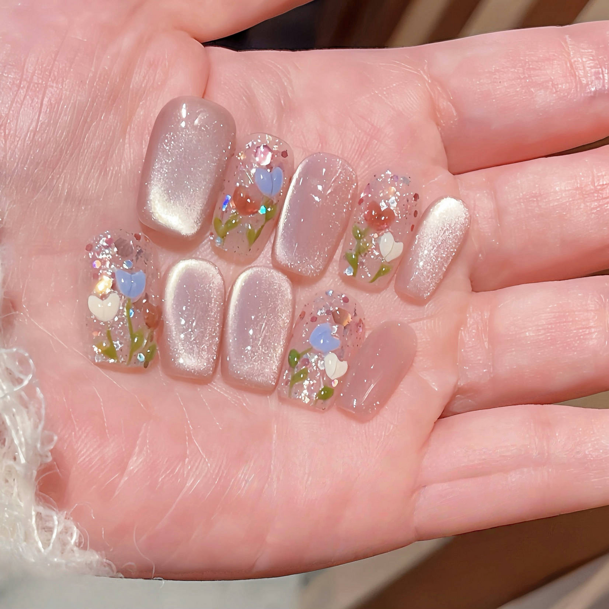 Pink Tulip Cat-Eye - Handcrafted Blush Pink Velvet Cat-Eye & Colorful Tulip Art Press-On Nails